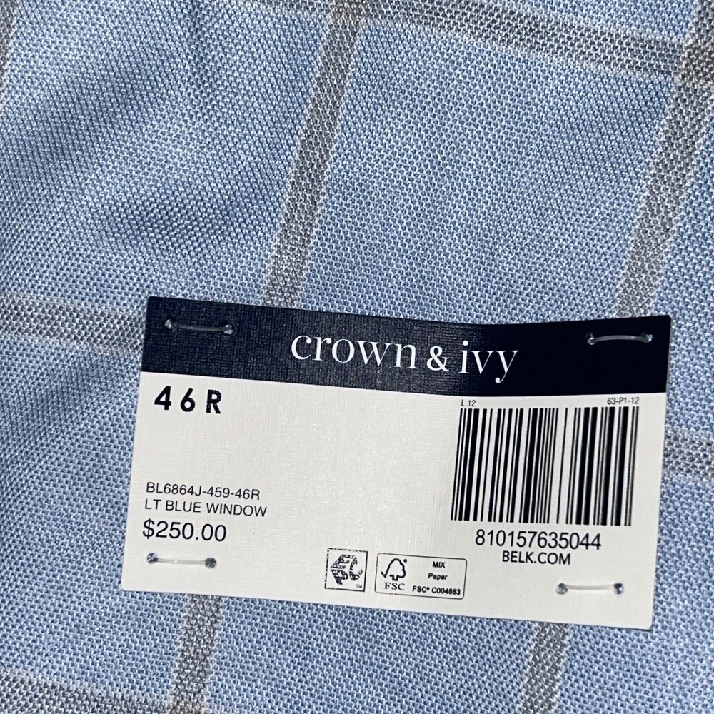 Crown and Ivy Sport Coat 46R  Blue Windowpane Blazer Mens NWT Summer Wedding - Picture 5 of 16